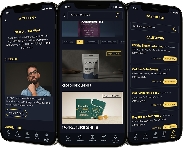 Brand app features shown across three phones