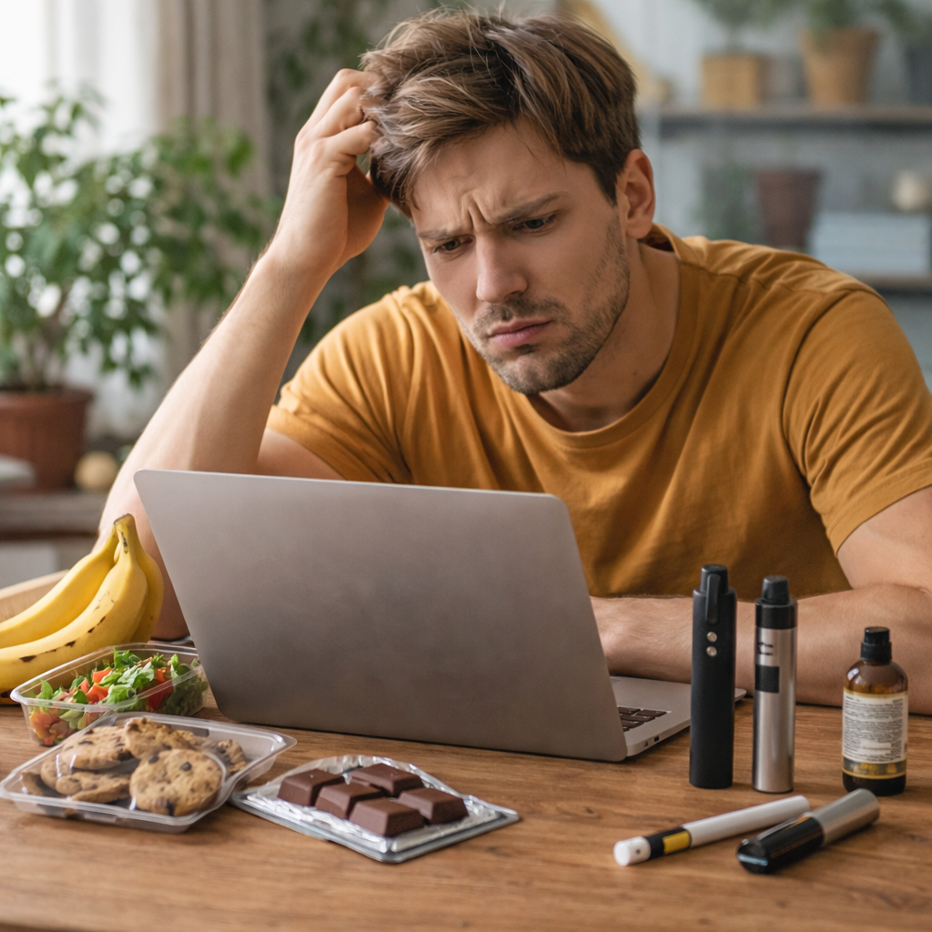 A frustrated person looking at a laptop